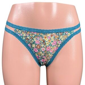 NWT Victoria's Secret PINK Double Strap Teal and Floral Lace Thong Panty Medium